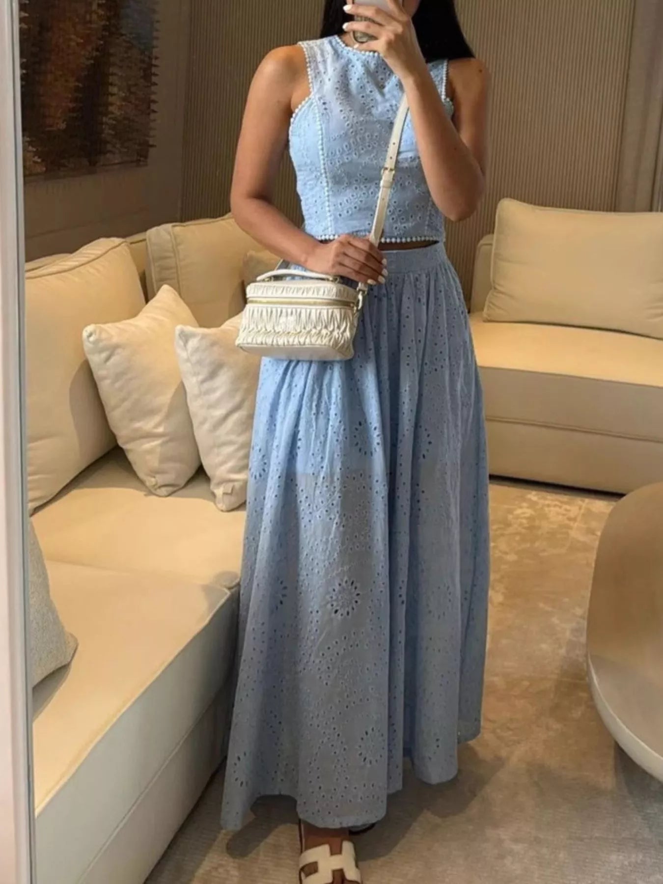 Eyelet Crop Top and Maxi Skirt Set
