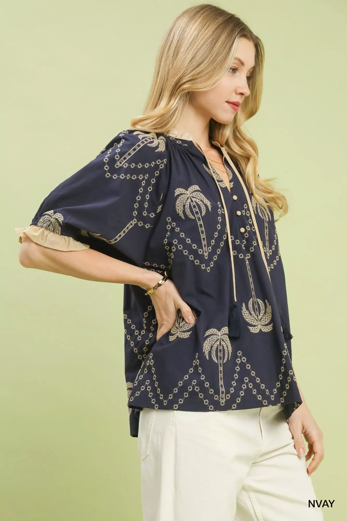 Umgee Embroidered Palm Print Tassel Tie Blouse