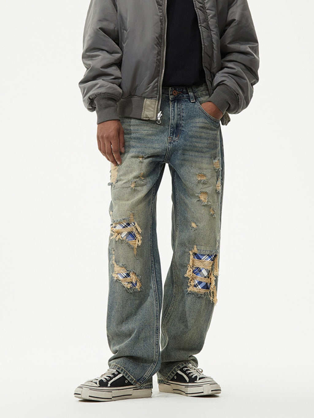 Men's Distressed Plaid Patch Wide Leg Jeans