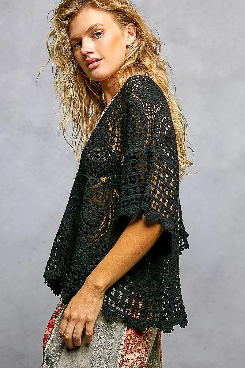 POL V-Neck Crochet Top with Scalloped Hem