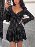 Polka Dot Lace Trimmed V-Neck Mini Dress