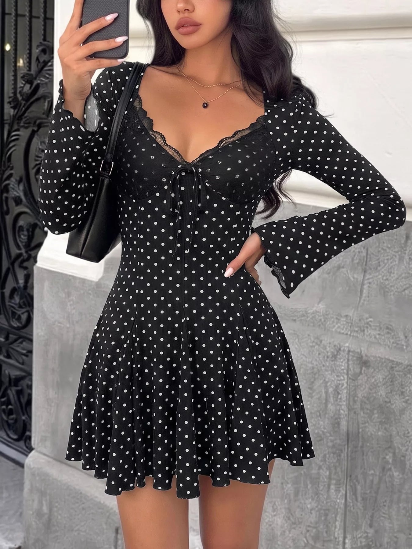 Polka Dot Lace Trimmed V-Neck Mini Dress