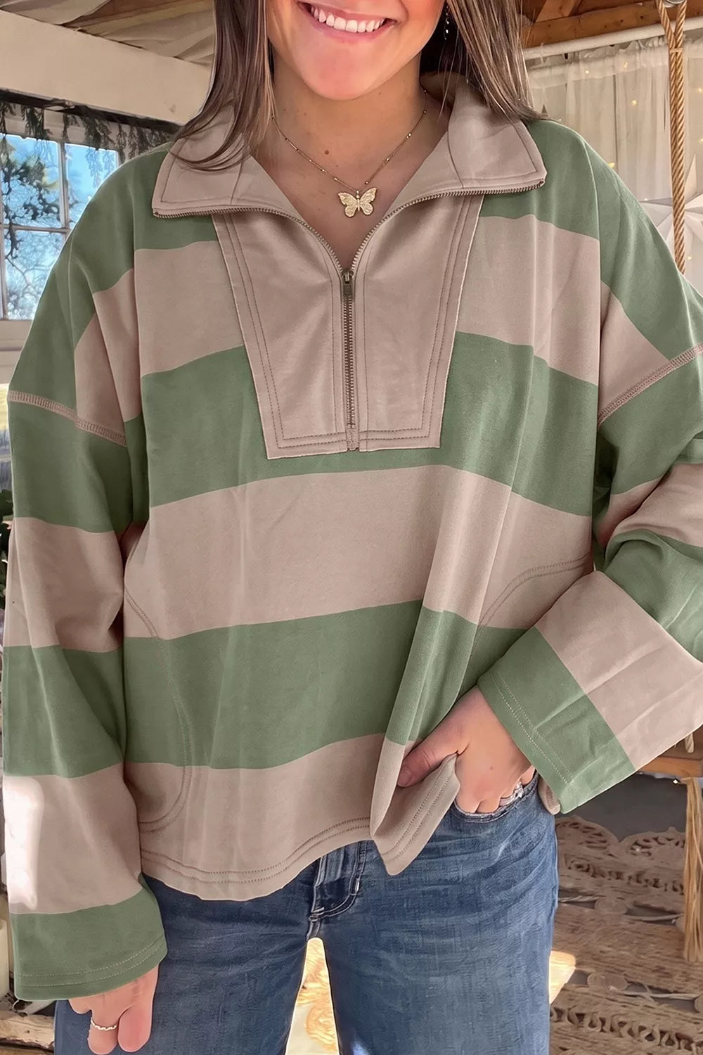 Stripe Half Zipped Casual Sweatshirt