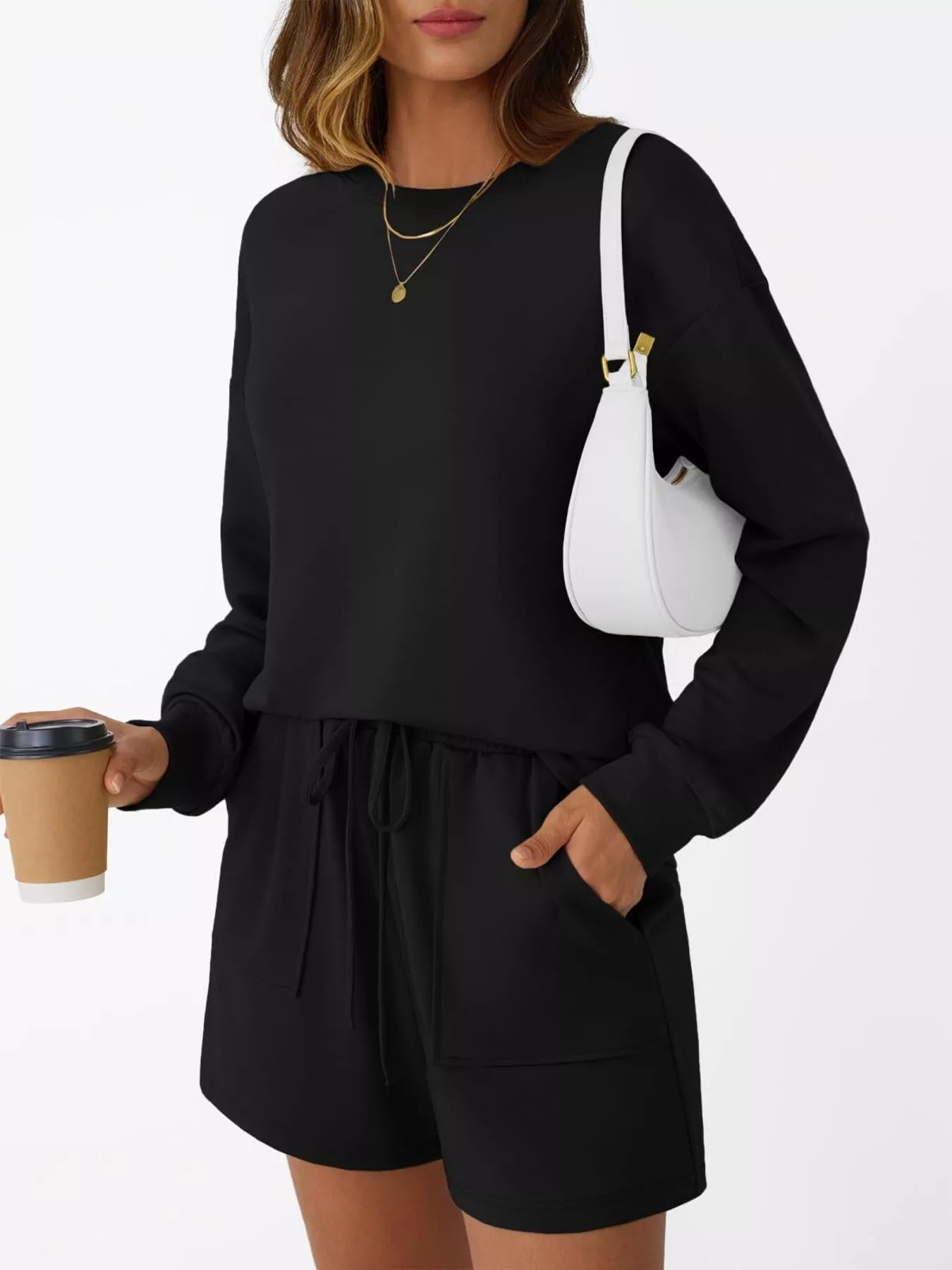 Round Neck Long Sleeve Top and Shorts Set