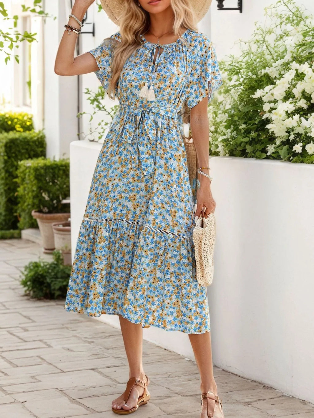 Floral Print Midi Dress with Tie Front