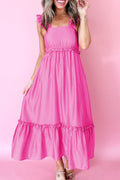 Solid Color Ruffle Trim High Waist Sleeveless Maxi Dress