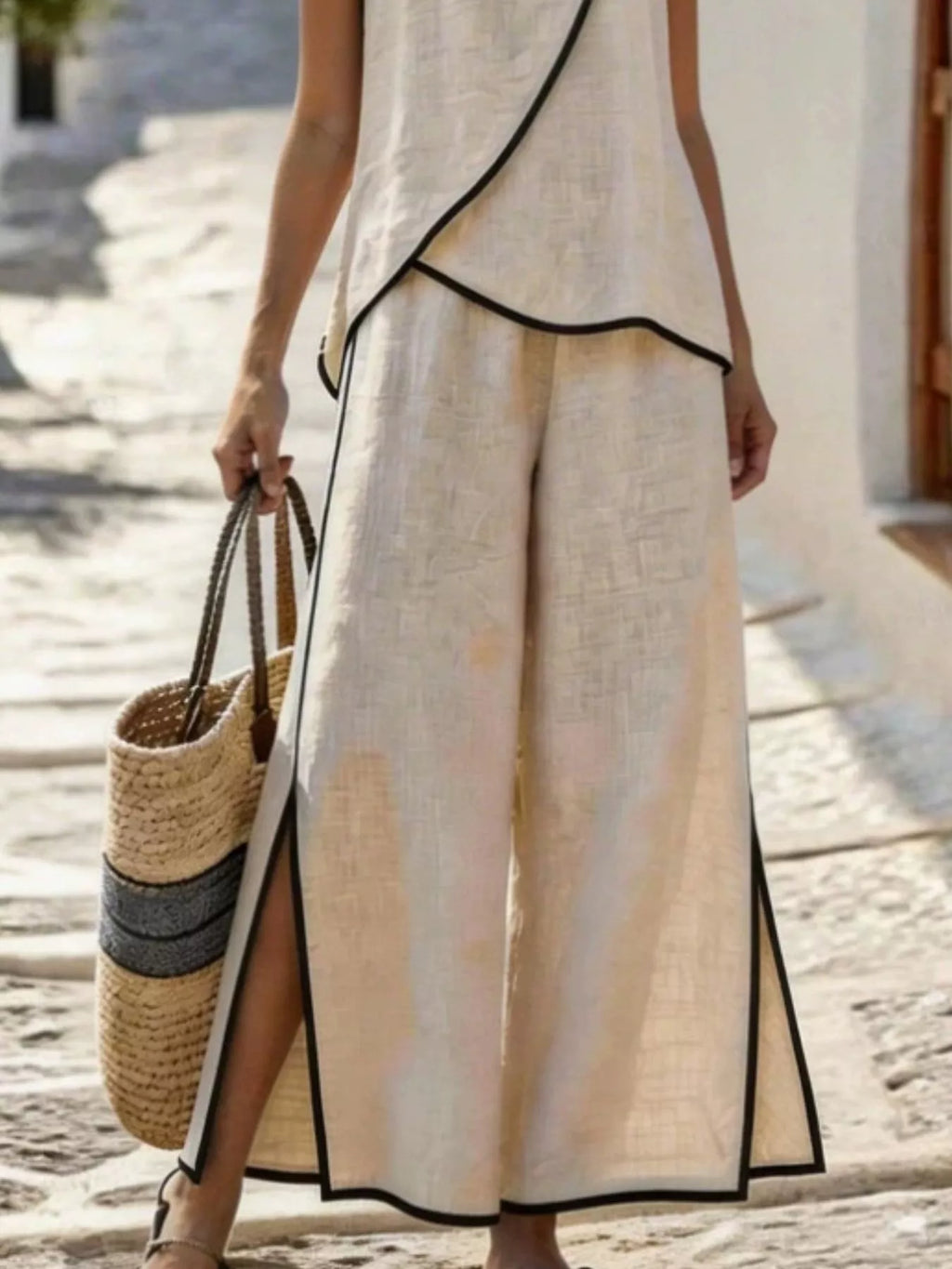 Contrast Trim Top and Slit Pants Set