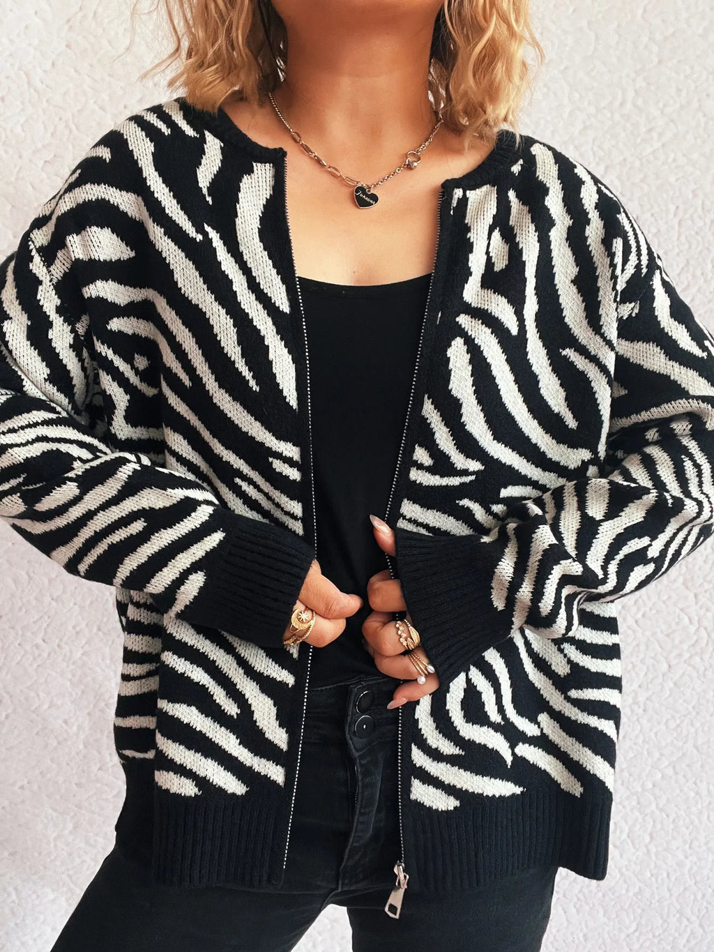 Zebra Print Zip Up Cardigan