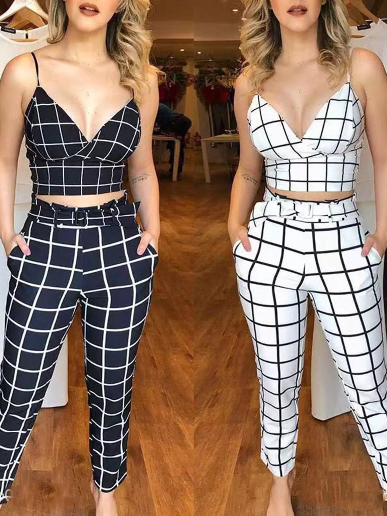 Grid Print Crop Top and Pants Set