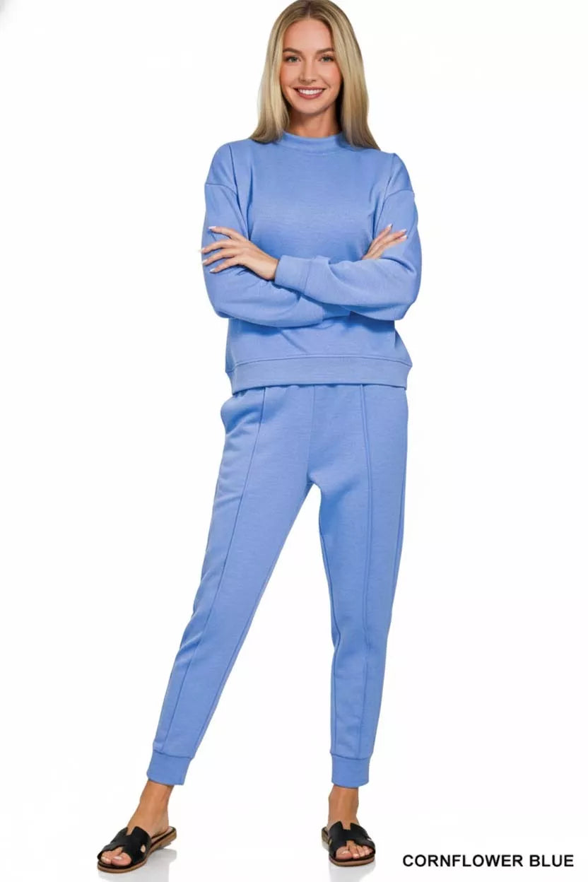 Zenana Scuba Mock Neck Sweatshirt and Joggers Set