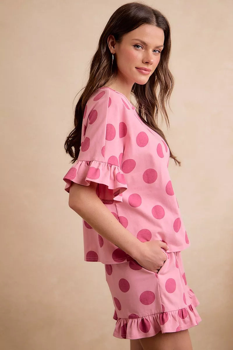 BiBi Polka Dots Printed Ruffled Detail Top And Shorts Set