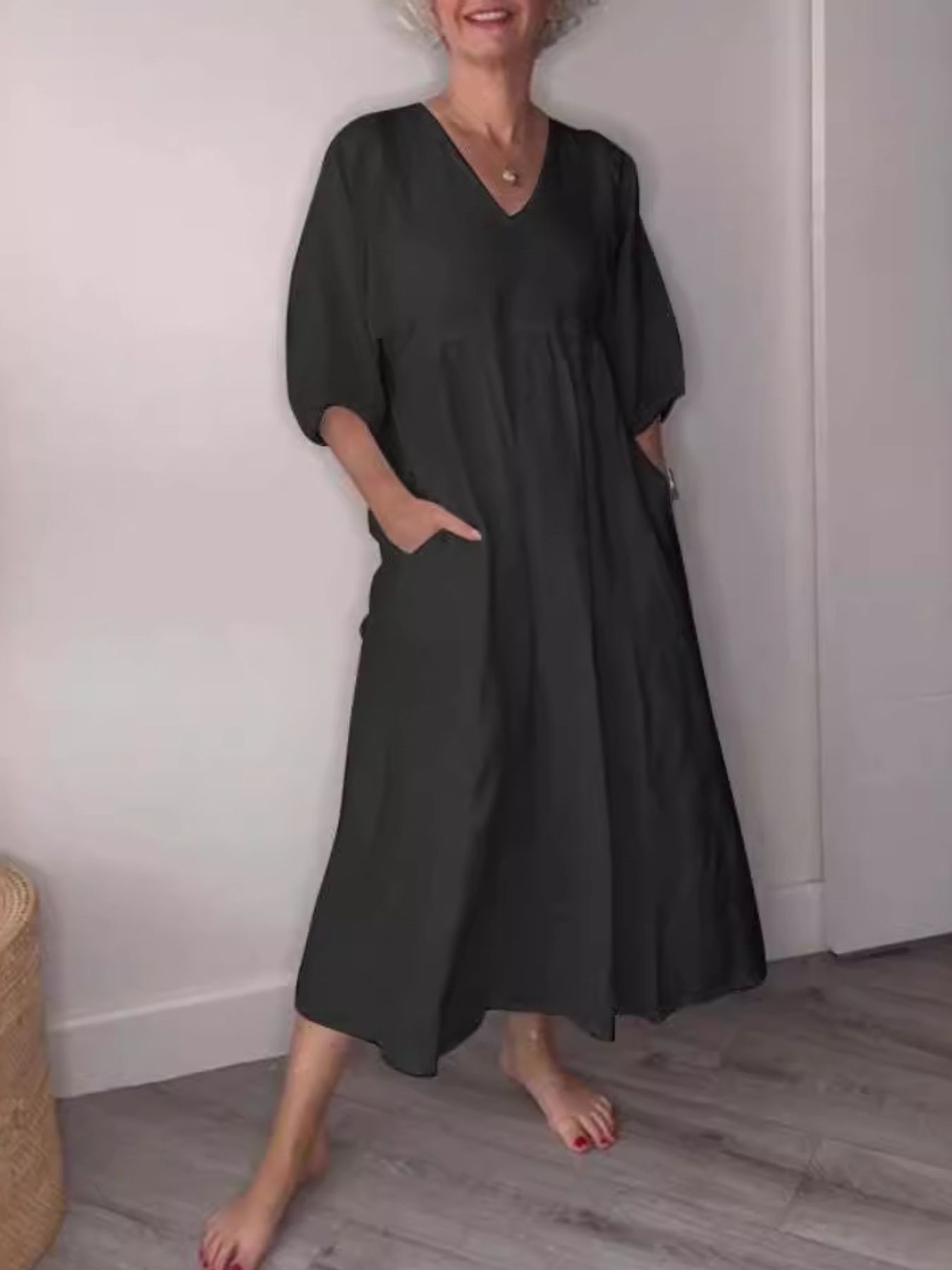 Full Size V-Neck Loose Fit Midi Dress with Pockets Plus Size