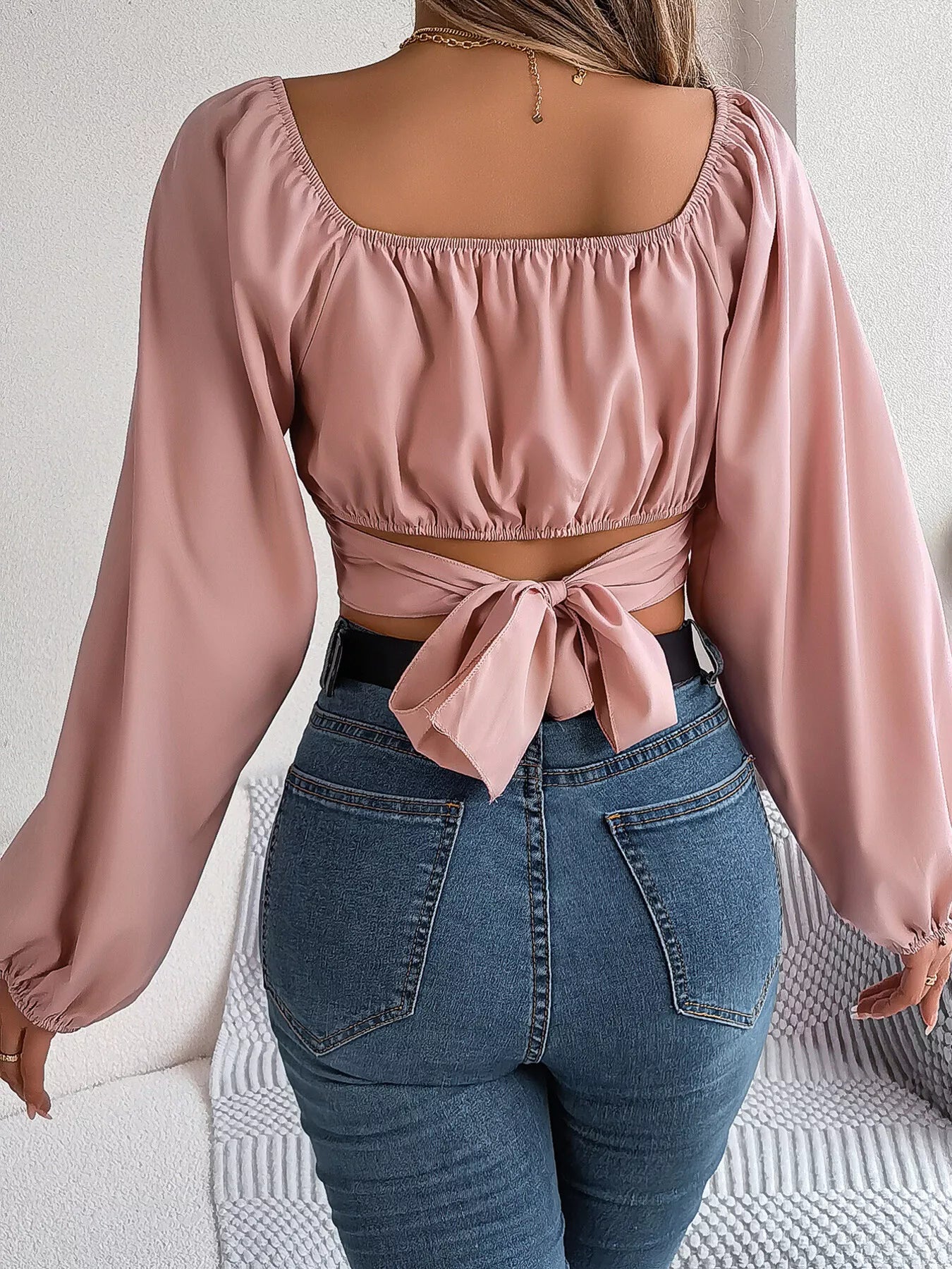 Elegant Ruched Long Sleeve Crop Blouse