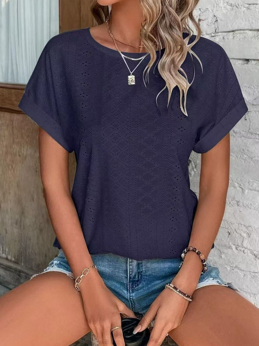 Eyelet Round Neck Short Sleeve Top