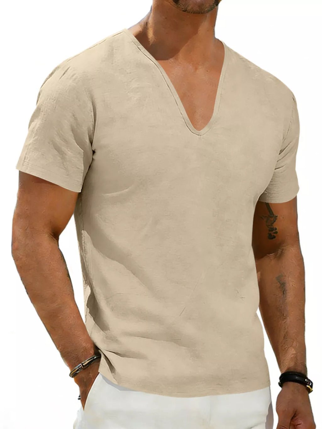 Men's Full Size Casual V-Neck Linen T-Shirt Plus Size