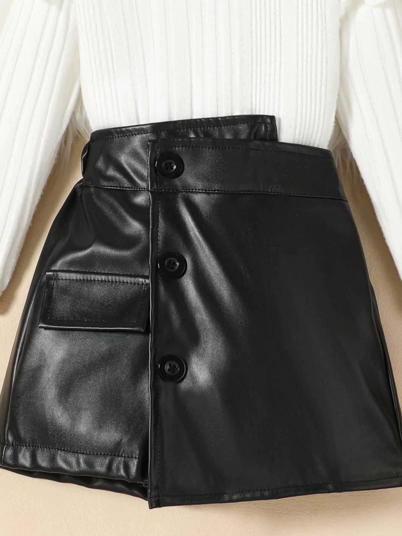 Children's Ribbed Knit Top and Leather Skirt Set