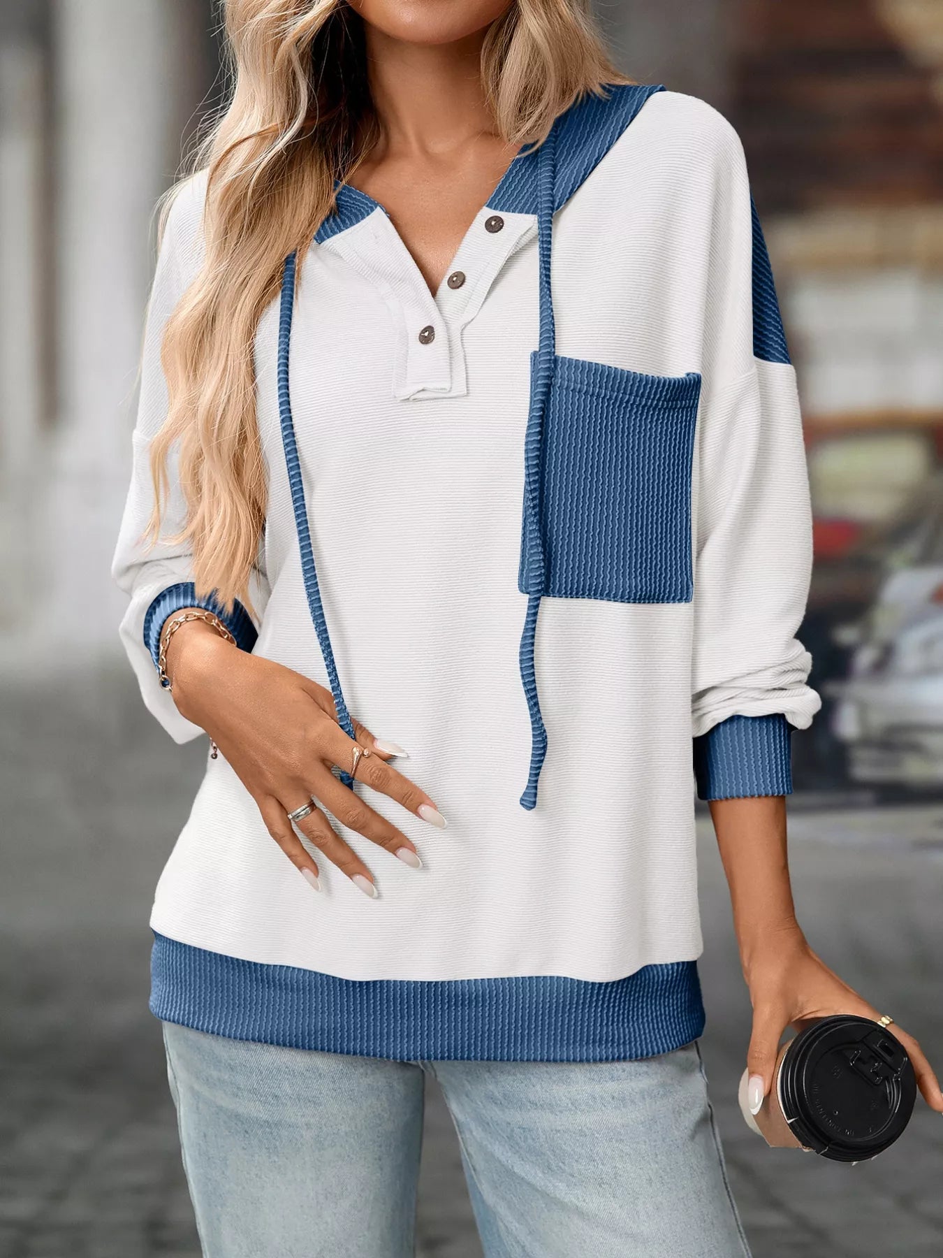 Casual Color Block Button Detail Hoodie