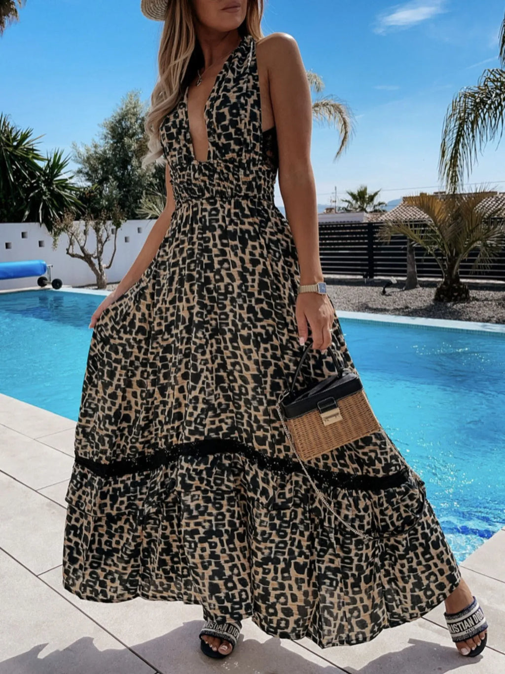Leopard Print Sleeveless Maxi Dress with Lace Trim