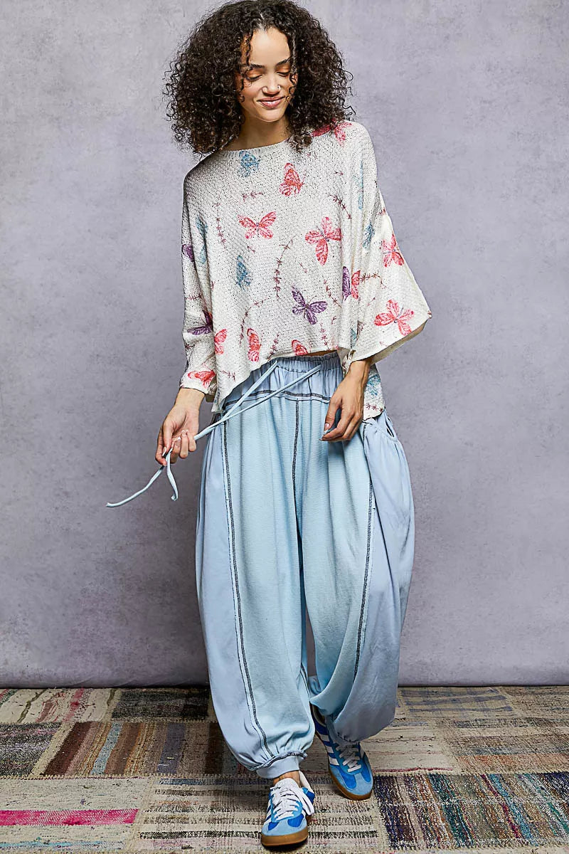 POL Butterflies Pattern Round Neck knit Top with Outseam Rolling Edge