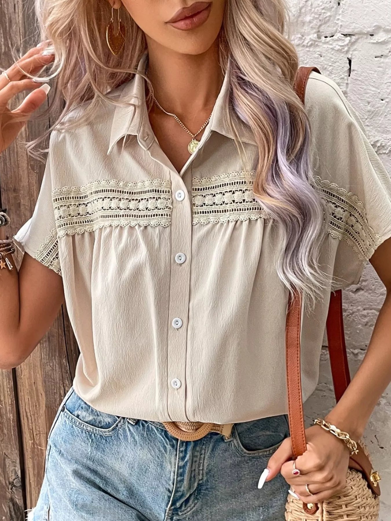 Lace Trim Button-Up Shirt