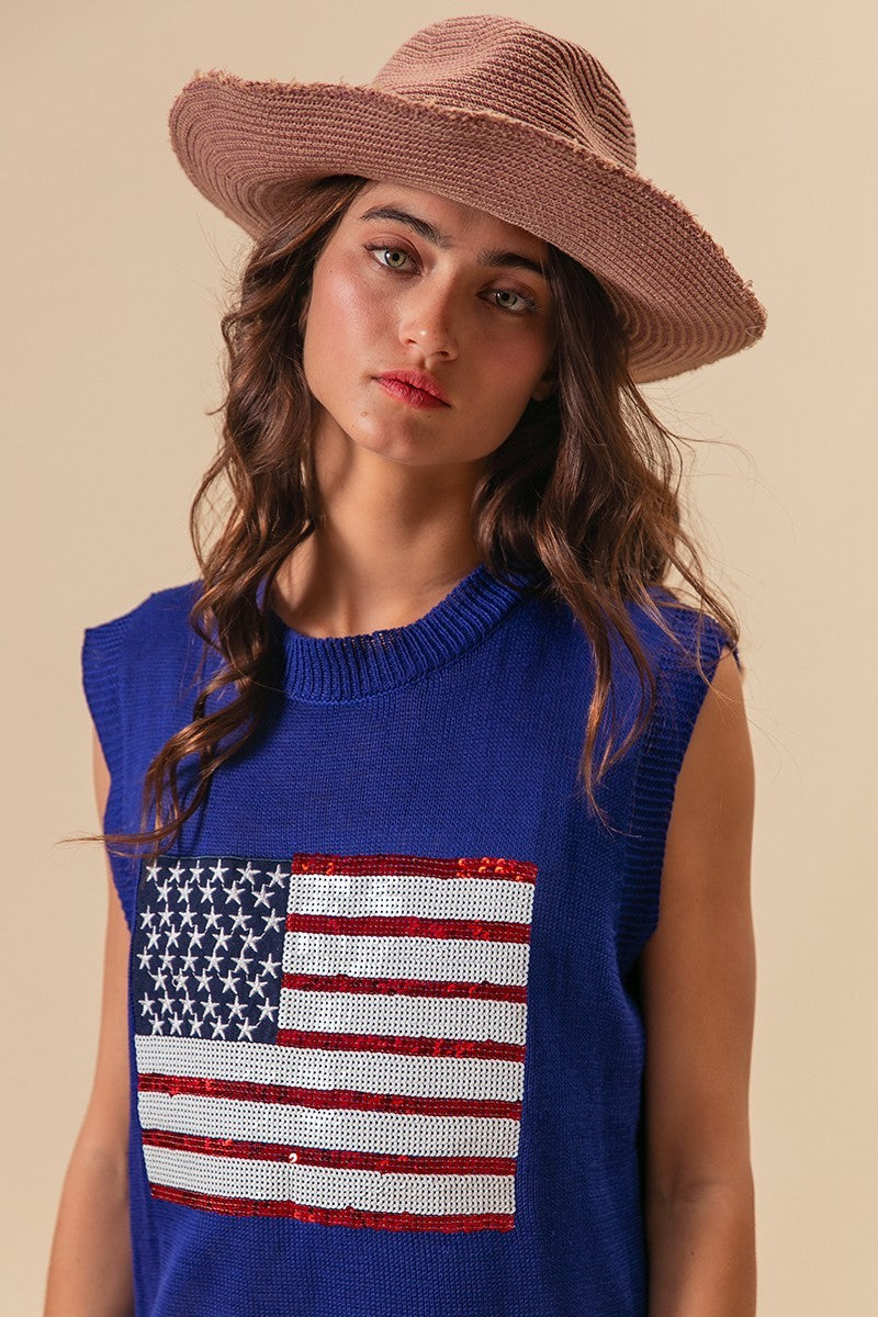 BiBi American Flag Sequins Patch Knit Vest