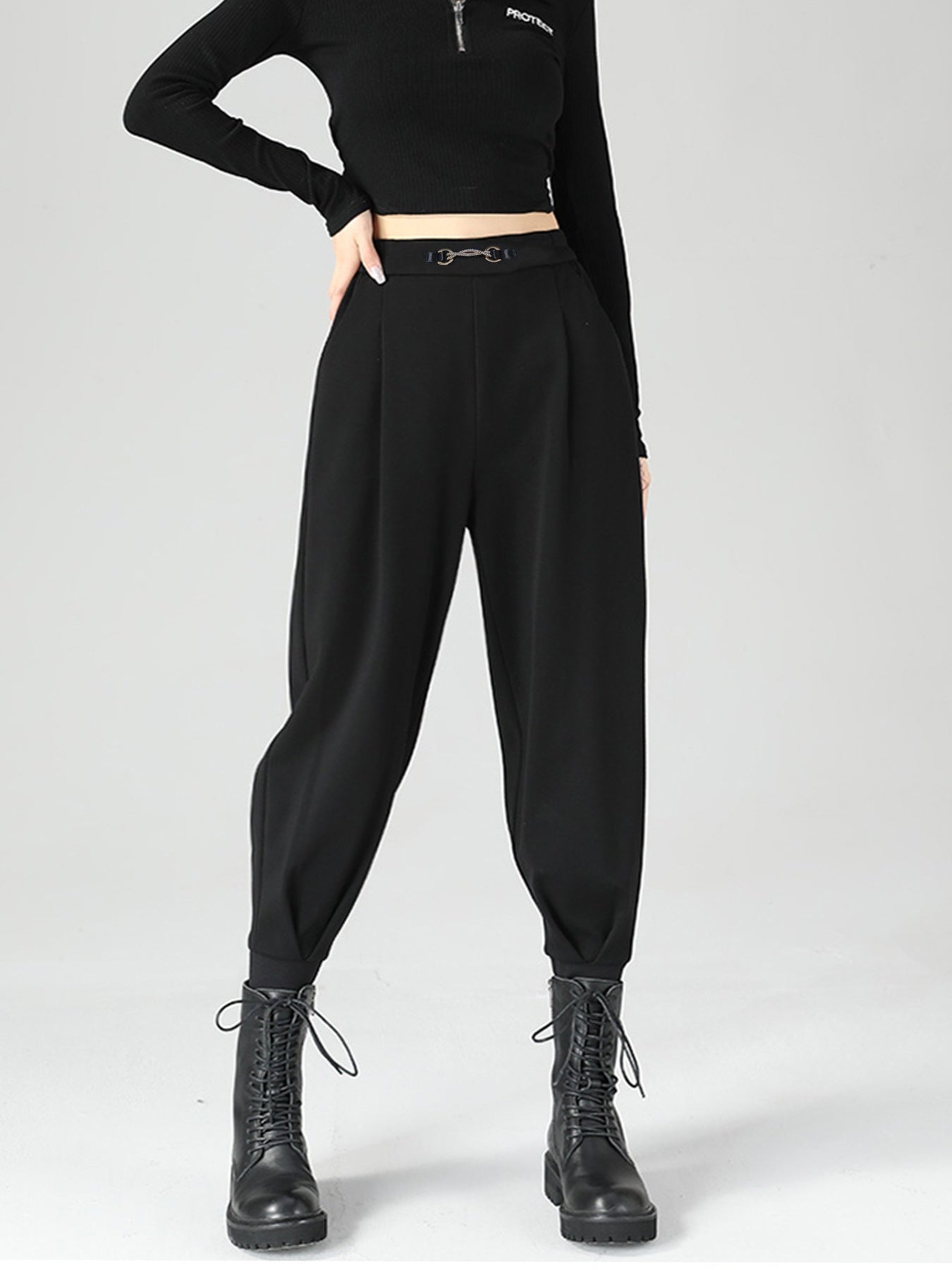 High-Waisted Buckle Detail Tapered Pants