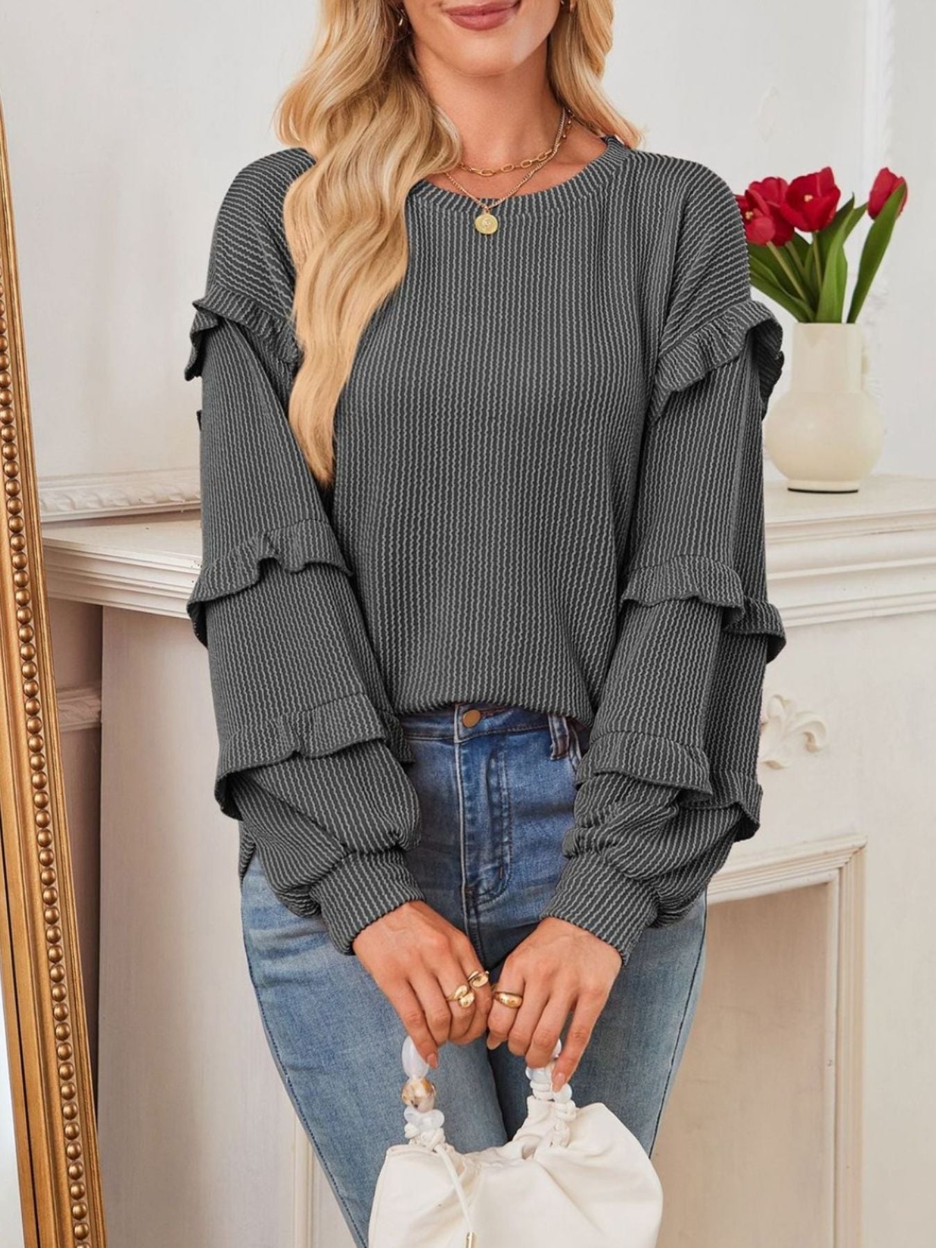 Ruffle Trim Long Sleeve Blouse