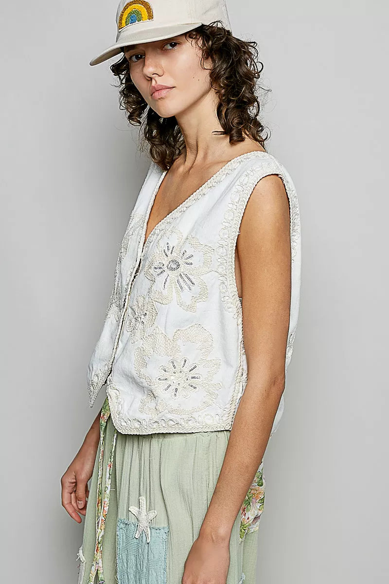 POL Embroidered Floral V-Neck Button Down Crochet Vest