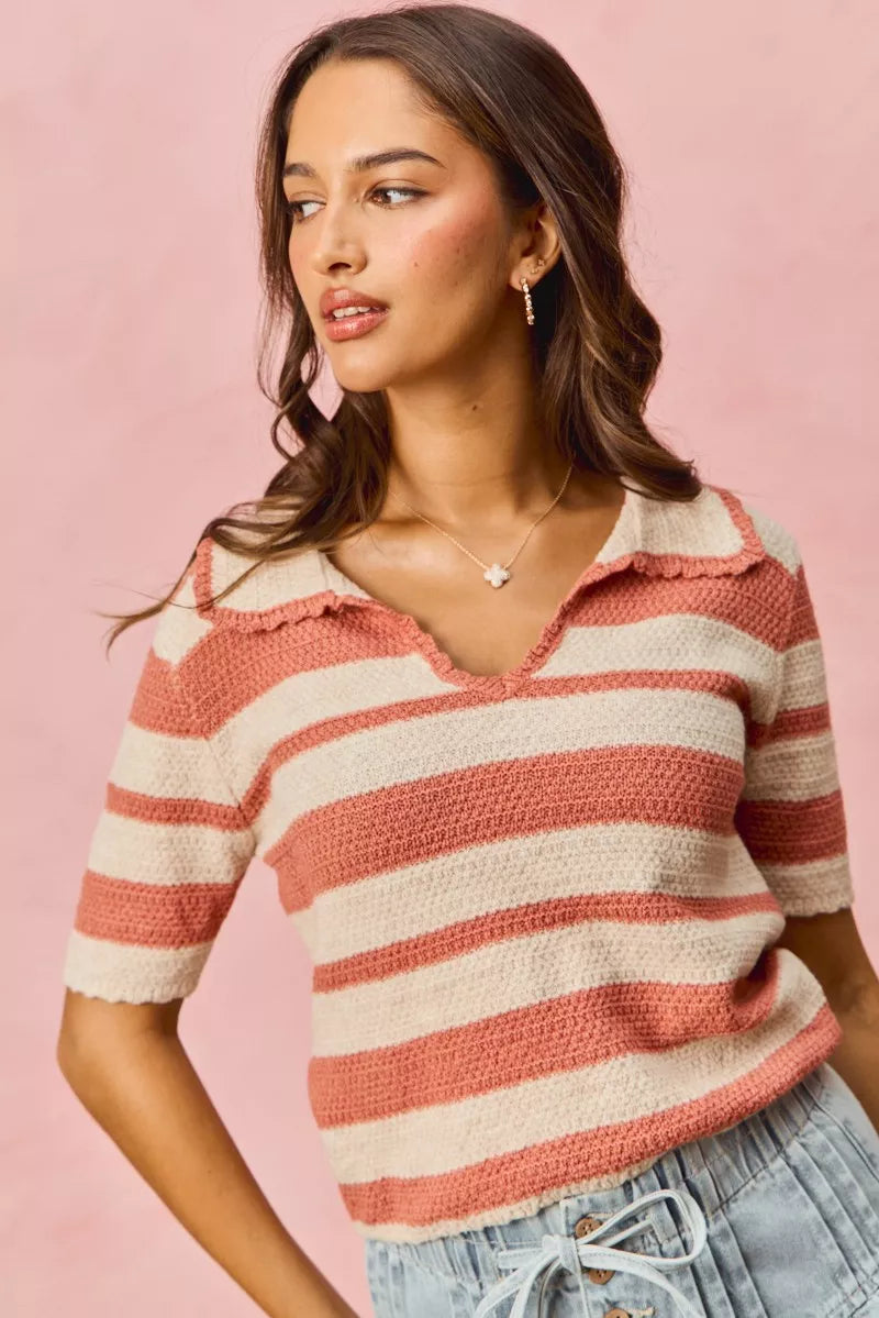 SO ME Stripe Short Sleeve Cropped Sweater