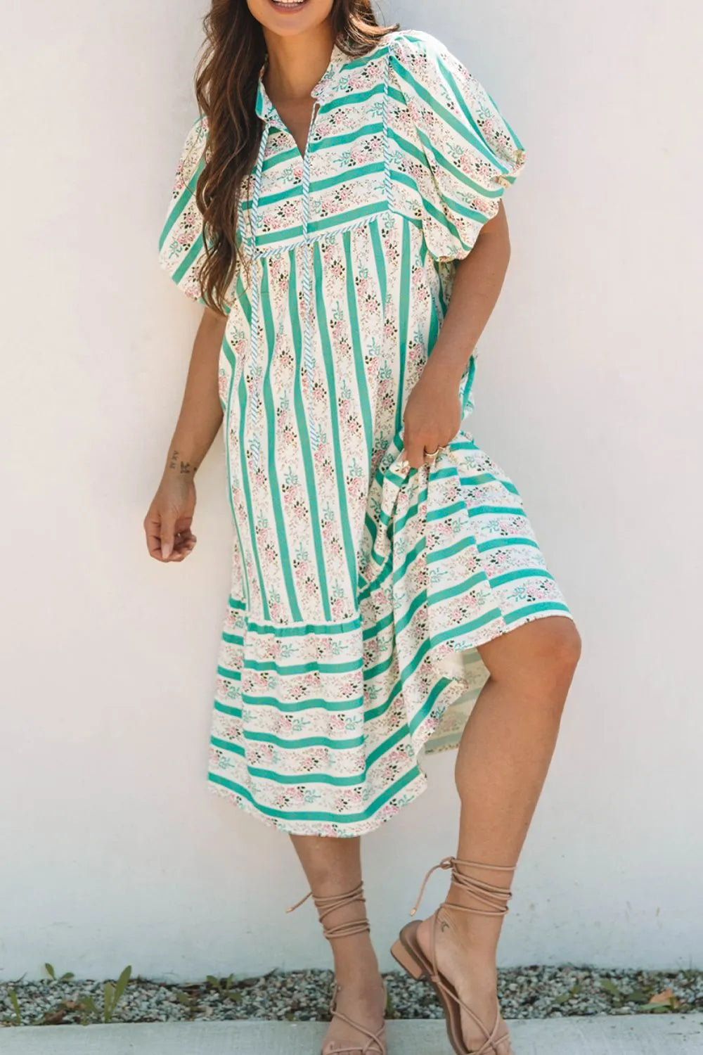 Striped Floral Print Tie Neck Puff Sleeve Midi Dress