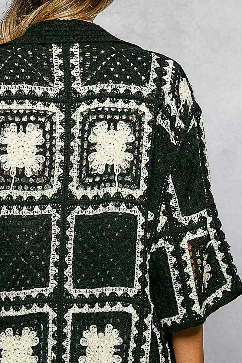 POL Button Down Openwork Floral Crochet Shirt with Granny Square Pattern