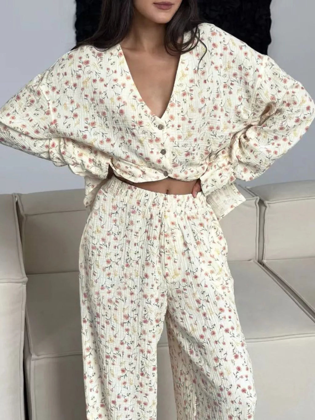 Floral Print Button-Down Top and Pants Lounge Set