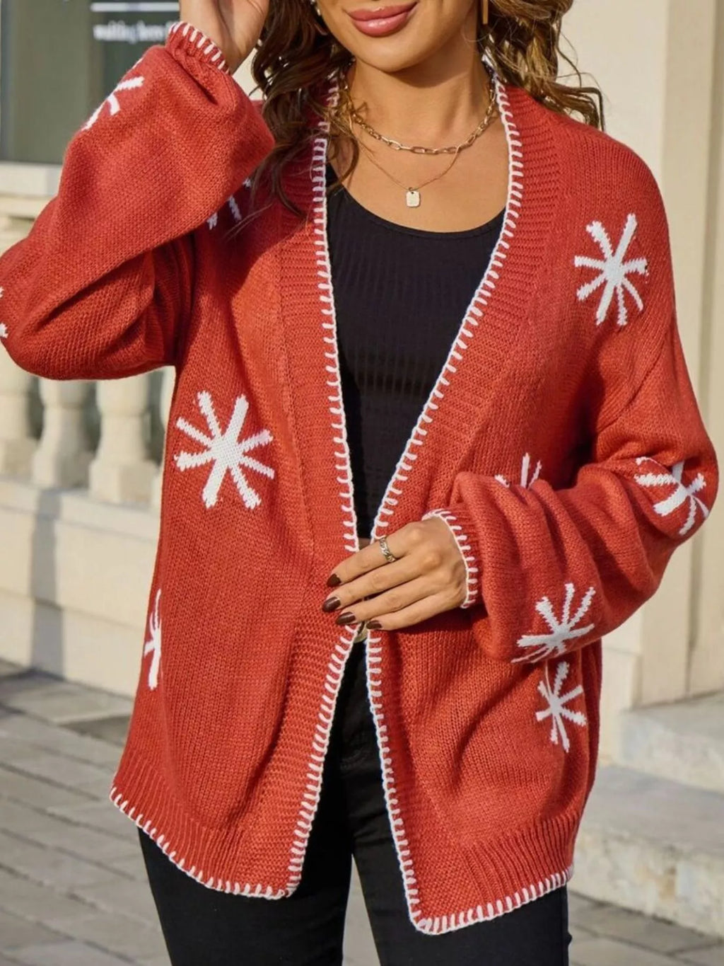 Flower Pattern Open Front Knit Cardigan