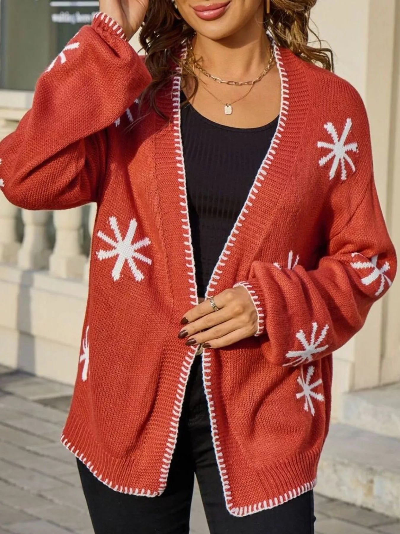 Flower Pattern Open Front Knit Cardigan