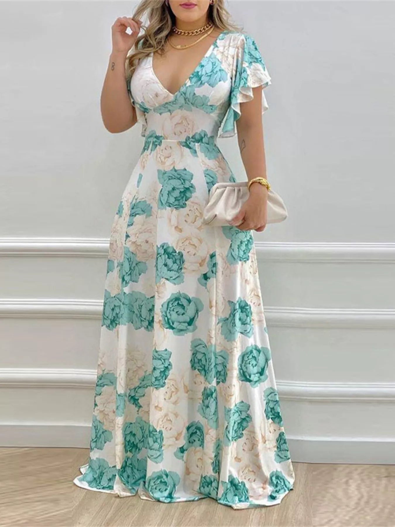 Floral Print V-Neck Ruffle Sleeve Maxi Dress
