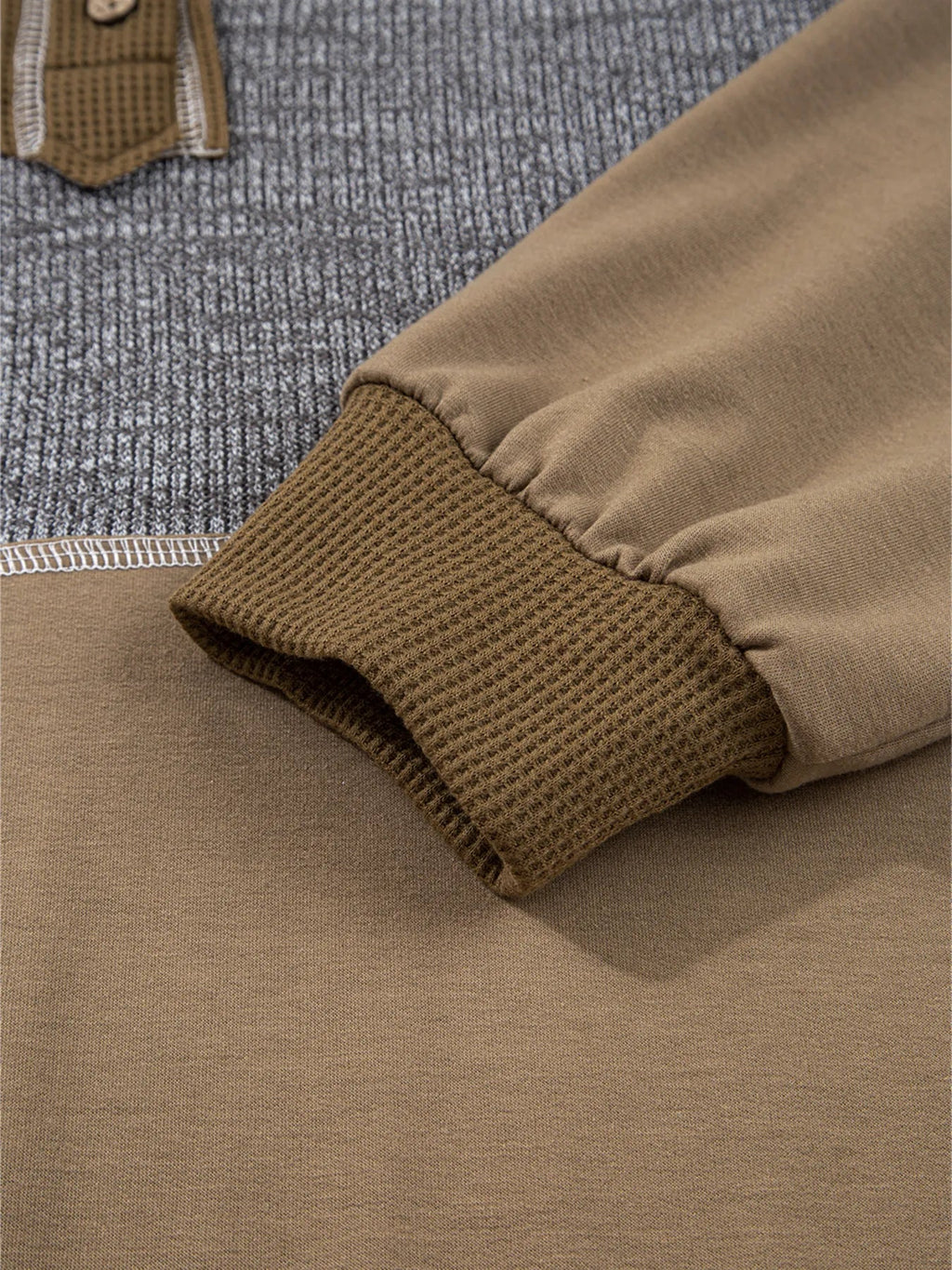 Mixed Texture Patchwork Exposed Seam Half Button Hoodie