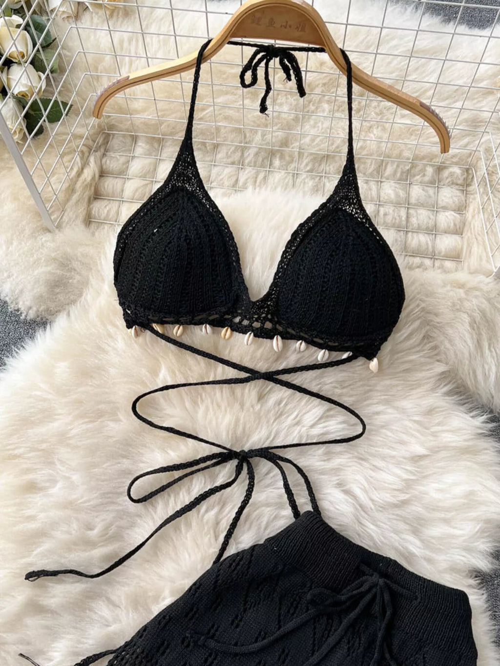 Crochet Knit Halter Neck Top and Wide Leg Pants Set