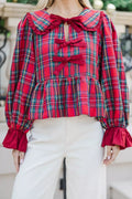 Plaid Tie Neck Ruffle Cuffs Long Sleeve Shift Blouse