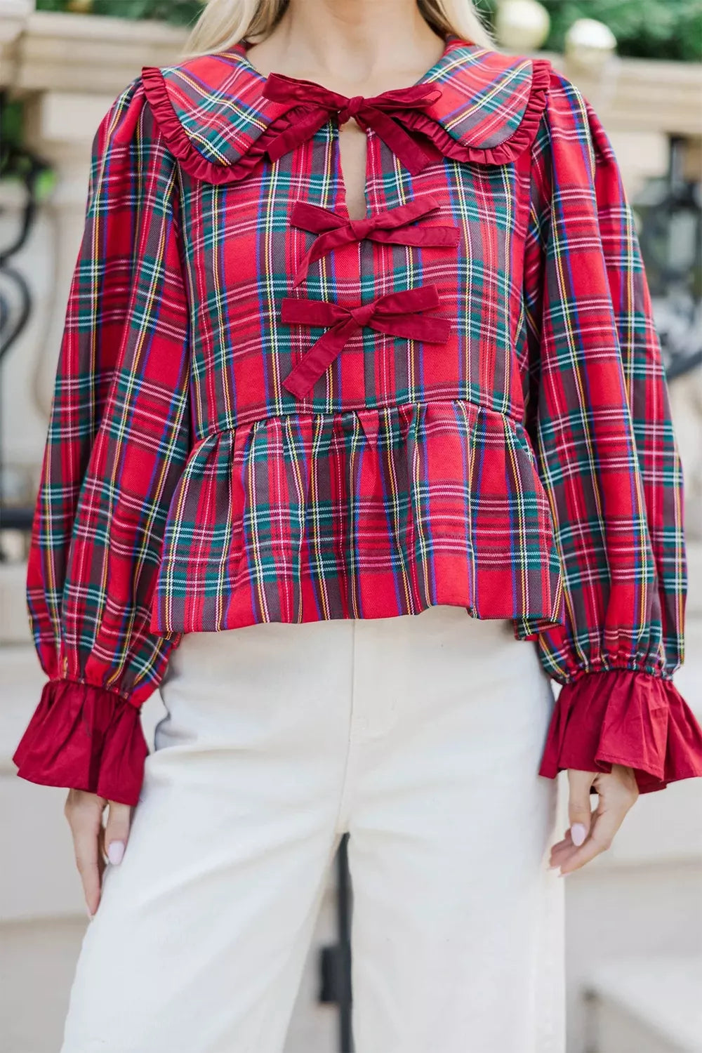 Plaid Tie Neck Ruffle Cuffs Long Sleeve Shift Blouse