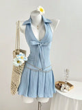 Halter Neck Bow Tie Pleated Mini Dress
