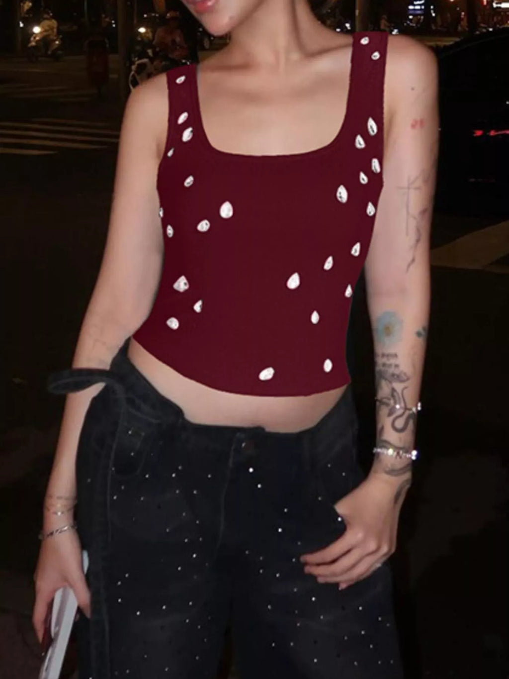 Bead Embellished Square Neck Tank