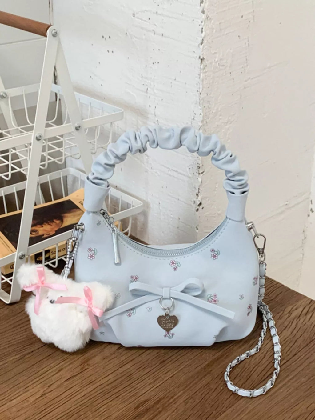 Ruched Handle Crossbody Bag with Bow
