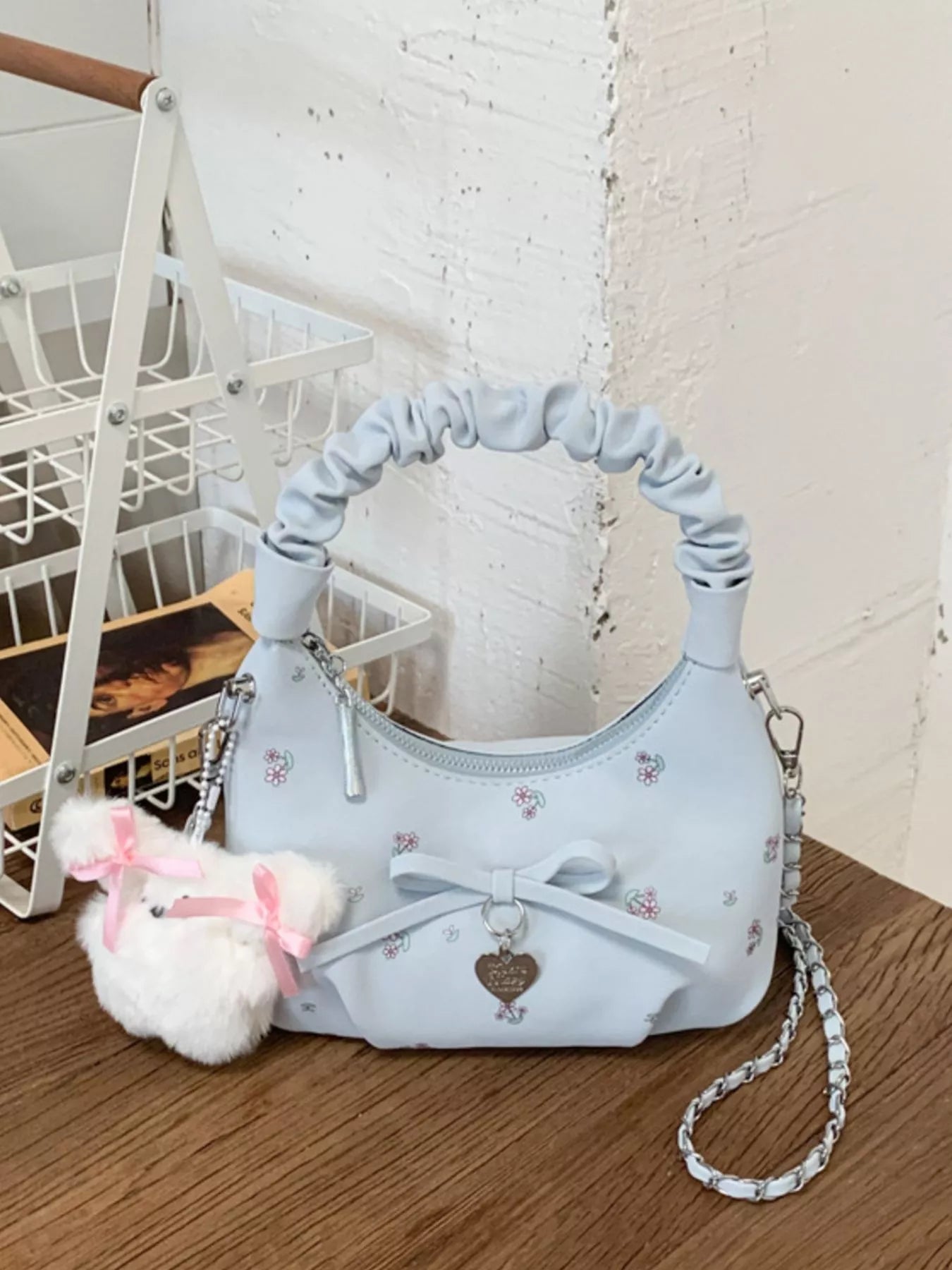 Ruched Handle Crossbody Bag with Bow