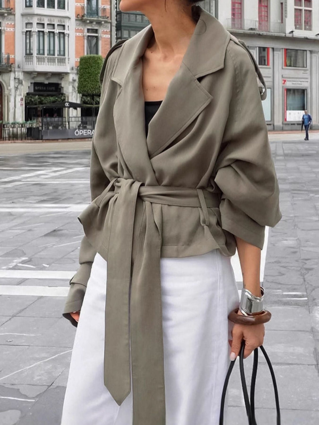 Lapel Collar Tie Waist Trench Jacket