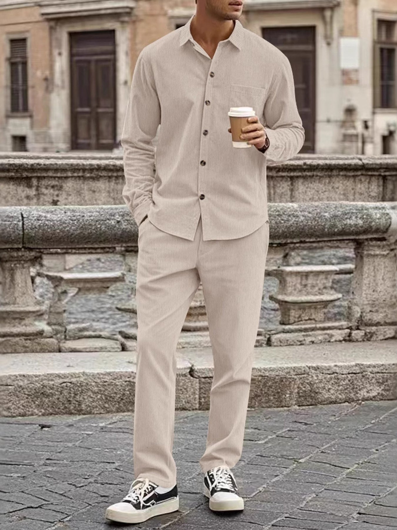 Men's Full Size Button Up Long Sleeve Shirt and Pants Set Plus Size