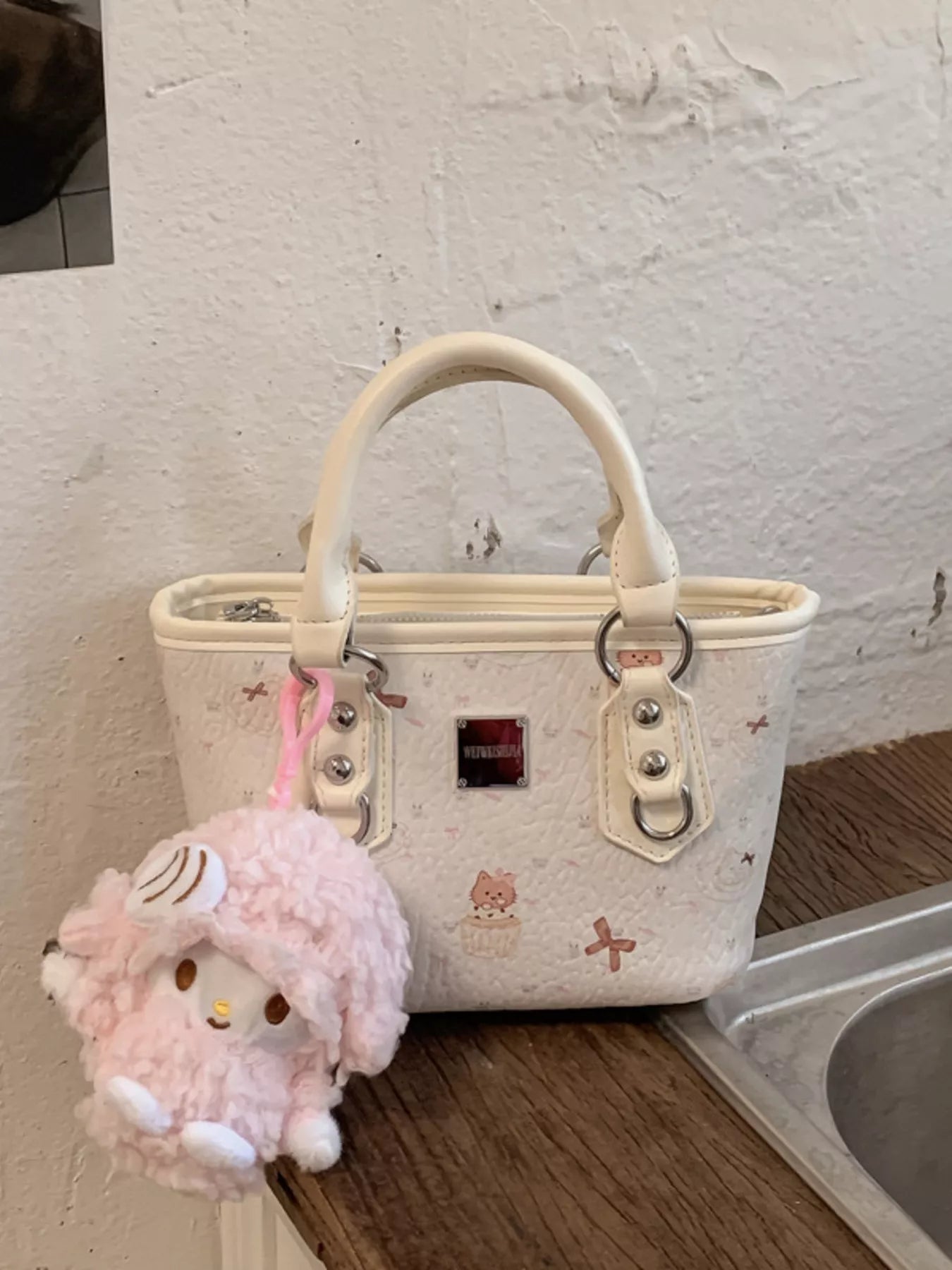 Plush Charm Patterned Crossbody Bag