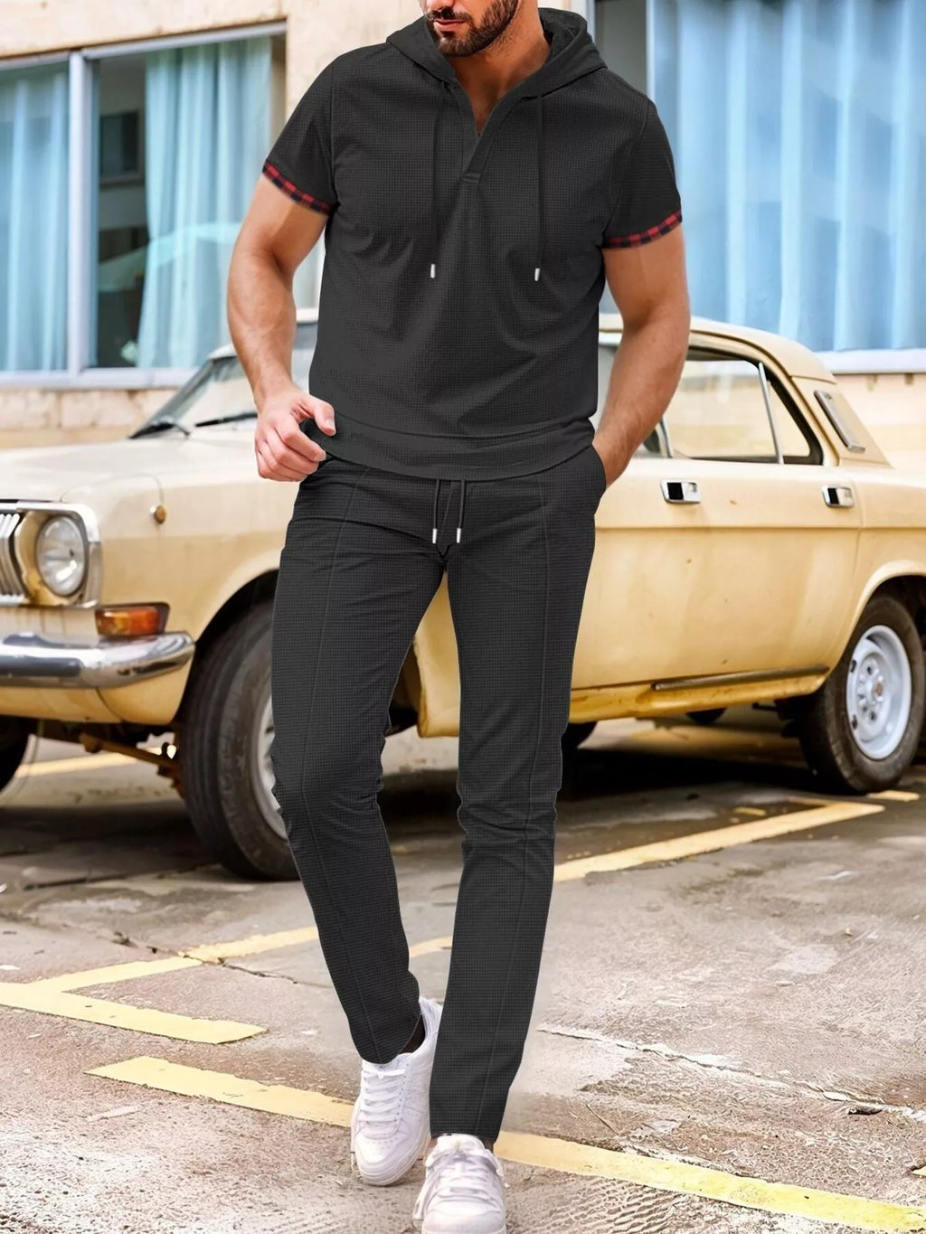 Men's Full Size Casual Short-Sleeve Hoodie and Pants Set Plus Size