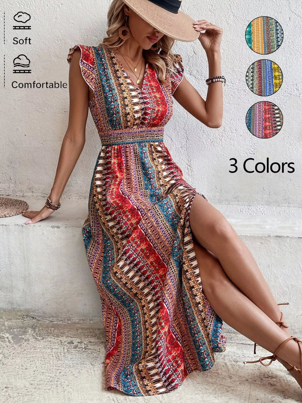 Boho Print Ruffle Sleeve Slit Dress