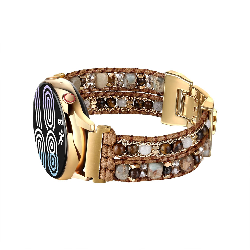 CHARMINGO 20mm Boho Beaded Watch Band Compatible with Samsung Galaxy Watch 7/6/4/5/Active 2 Watch Band 40mm 44mm/Galaxy Watch 5 Pro 45mm/Watch 3 41mm/Watch 4 Classic 42mm 46mm Wrap Bracelet Watch Strap for Women Men Brown Bead