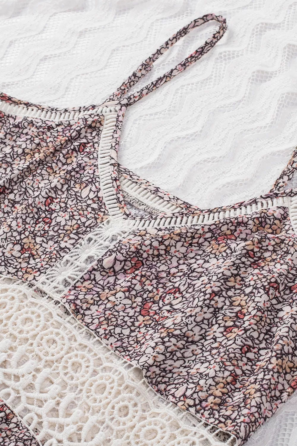 Floral Print Crochet Trim Cami with Spaghetti Straps